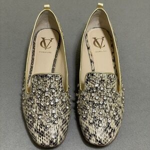 Snake Skin Dress Loafer Flats Shoes Sz 9 Block Heel bedazzled Gold Driving‎ Shoe
